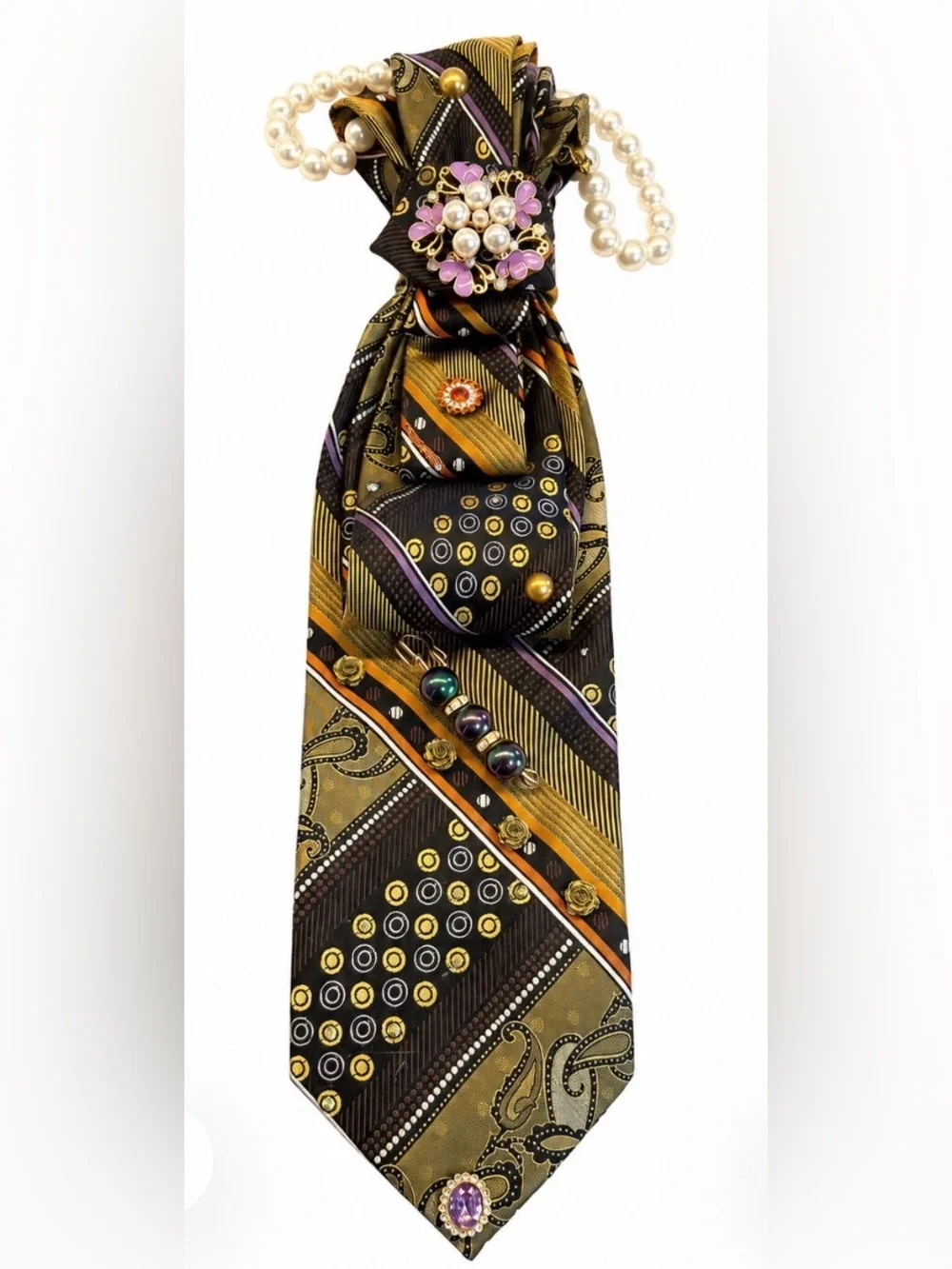 UBC Embellished up-cycled Statement Tie Necklace Rhinestone Wearable Art